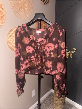 Pink Lily Brown Floral Lace-Up Cropped Blouse with Pink Blooms cottagecore boho